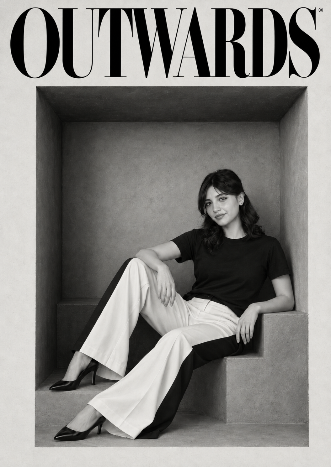OUTWARDS cover featuring a seated model in black and white