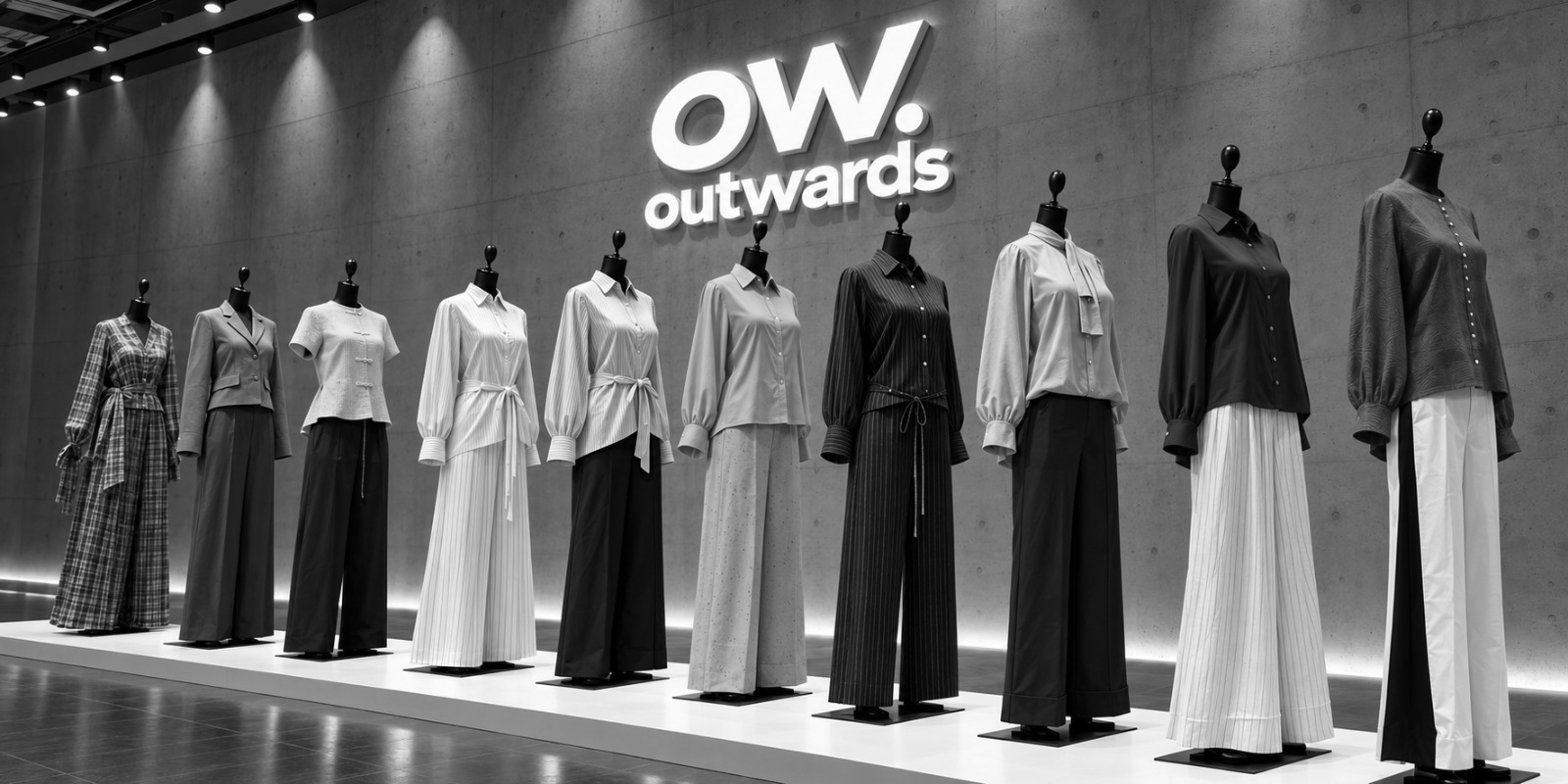 OUTWARDS collection looks displayed on dress forms in a modern gallery